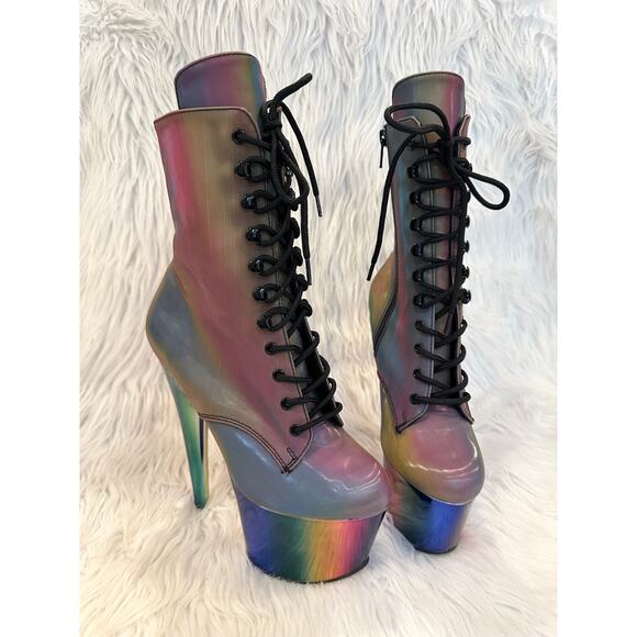 PLEASER Adore Chromatic Reflective Rainbow Platform Stiletto Heels Lace-Up Boots - Picture 2 of 15